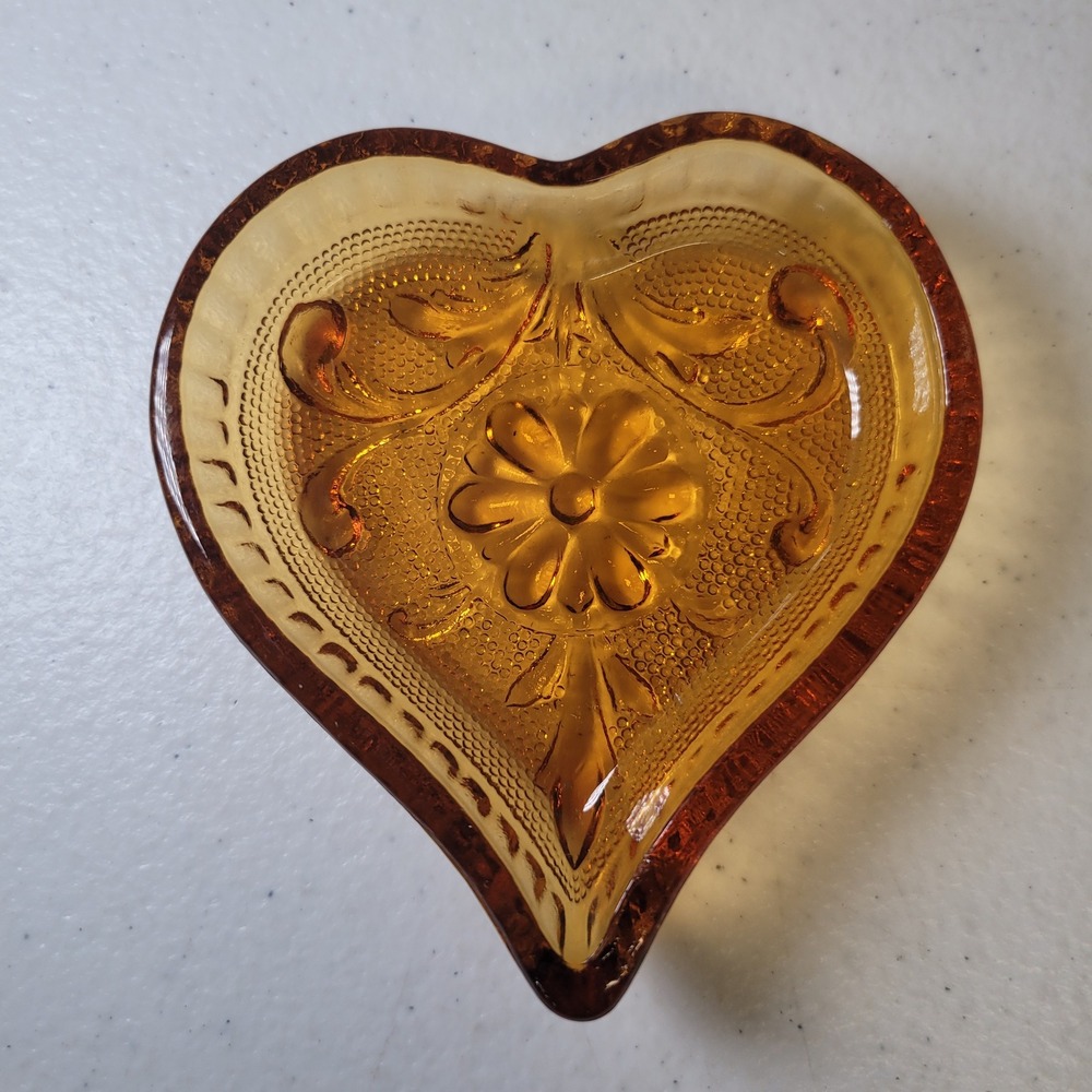 Heart Shaped Trinket Dish Small Amber Brown Glass Tiara Sandwich Pattern
